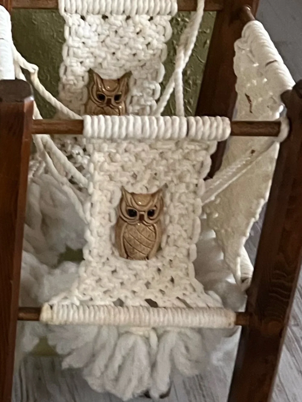 Vintage Handmade wooden and macrame plant stands featuring a woven owl pattern